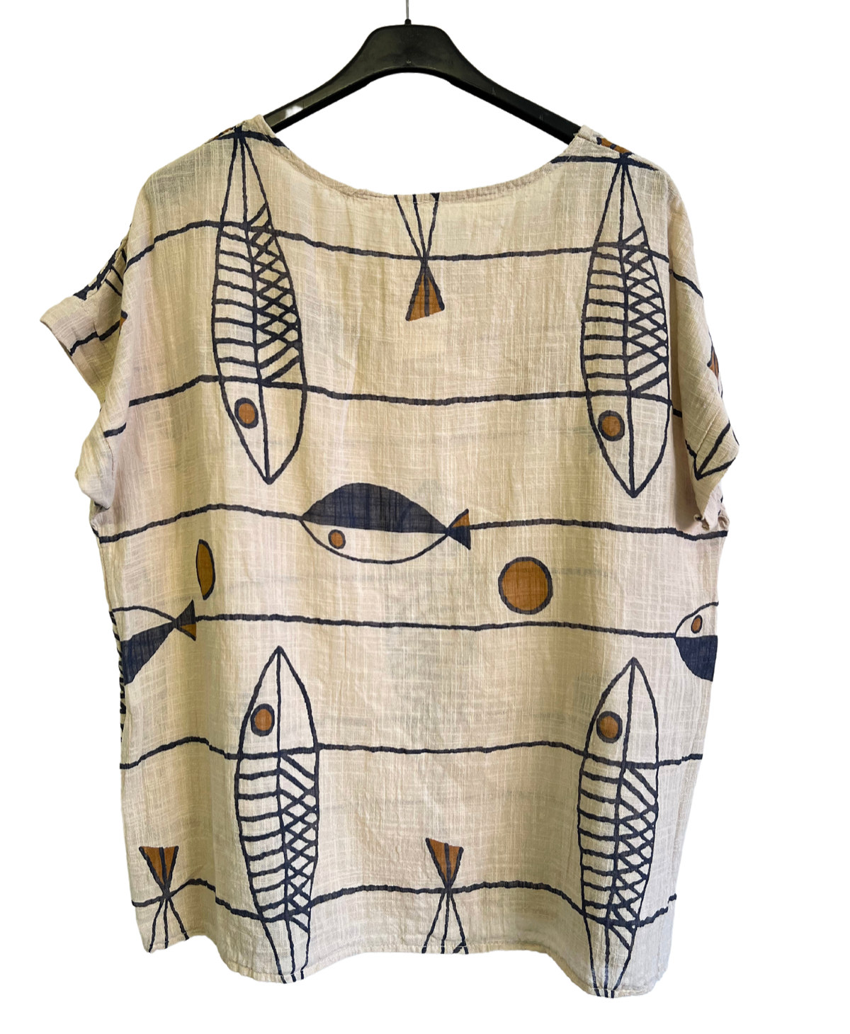 Fish Print Casual Tunic Top In Beige