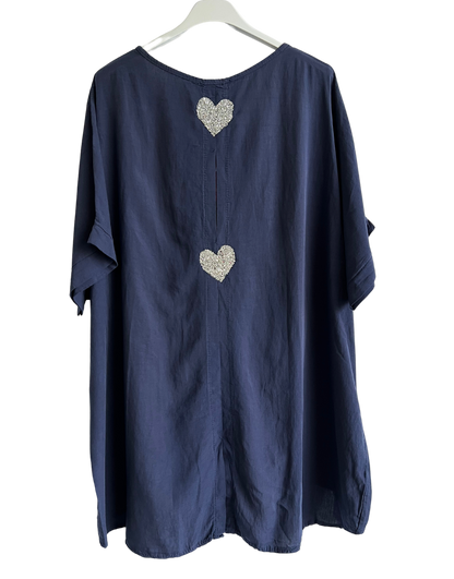 Heart Sequin Burst Effect Tie Dye Top In Navy