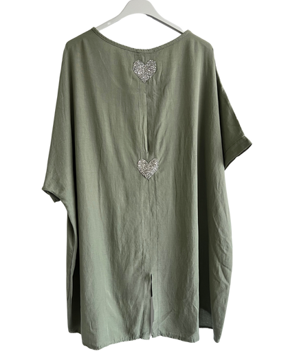 Heart Sequin Burst Effect Tie Dye Top In Khaki