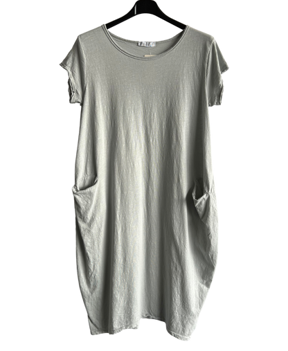 Quirky Soft Cotton Stretch 2 Pocket Long Tunic Dress In Silver Grey