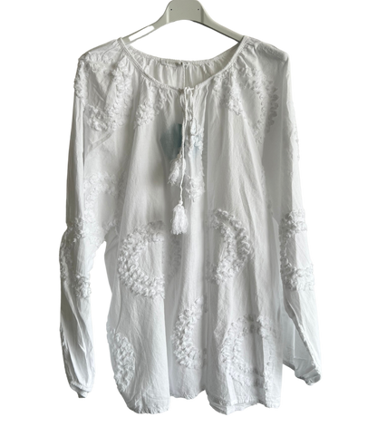 Summer Tassel Tie Cotton Circle Pattern Top In White