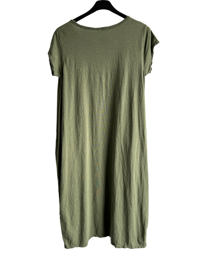 Quirky Soft Cotton Stretch 2 Pocket Long Tunic Dress In Khaki