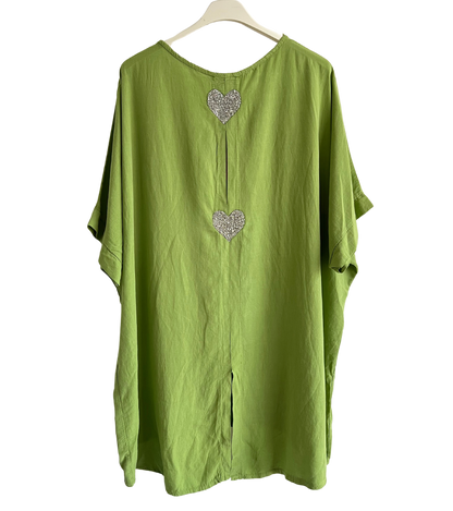 Heart Sequin Burst Effect Tie Dye Top In Lime Green