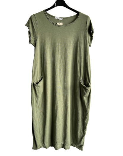 Quirky Soft Cotton Stretch 2 Pocket Long Tunic Dress In Khaki