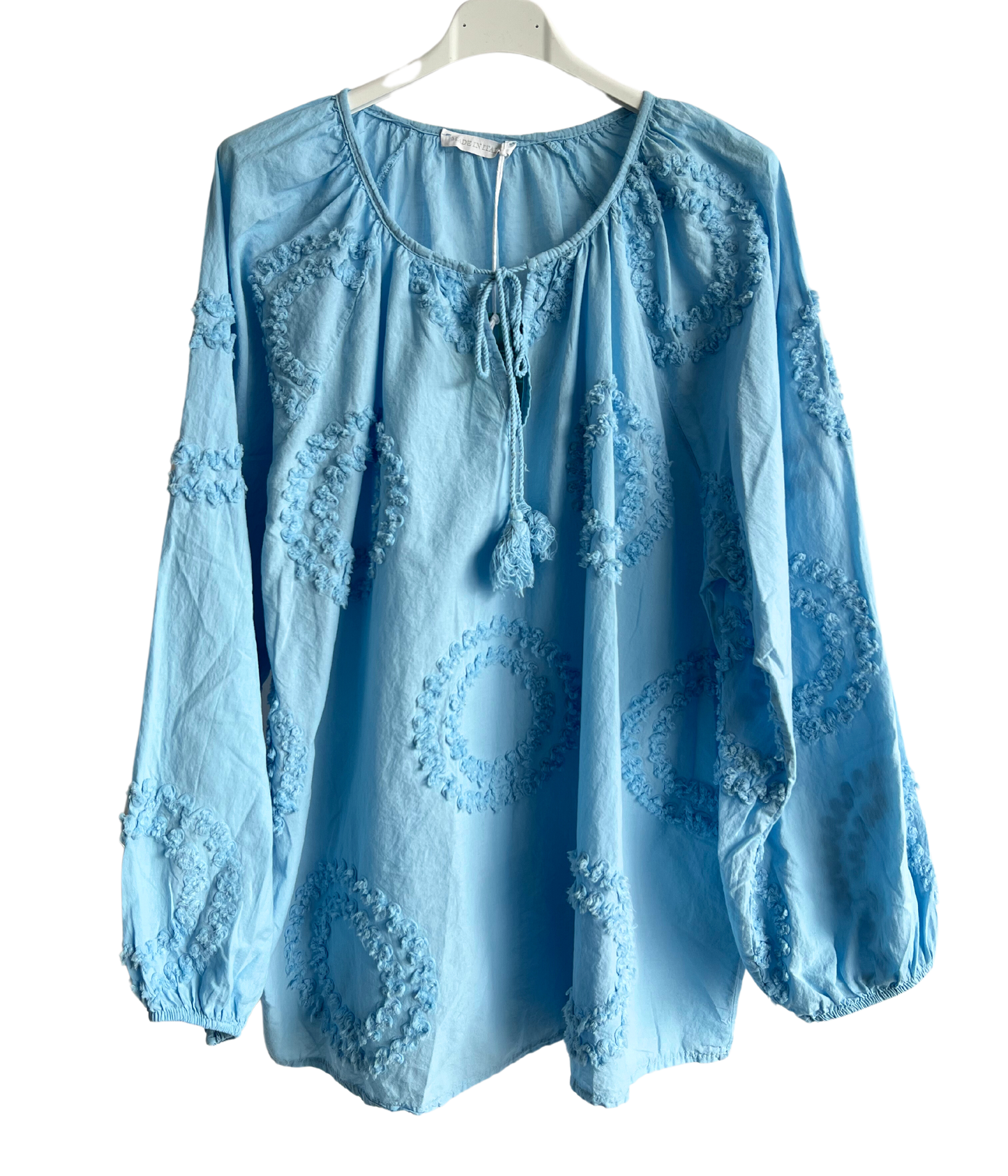 Summer Tassel Tie Cotton Circle Pattern Top In Light Blue